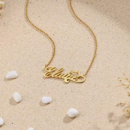 Personalised Name Necklace Cat Pendant, 925 Sterling Silver Name Necklace for Women, Custom Name Jewellery Gold/Silver/Rose Gold