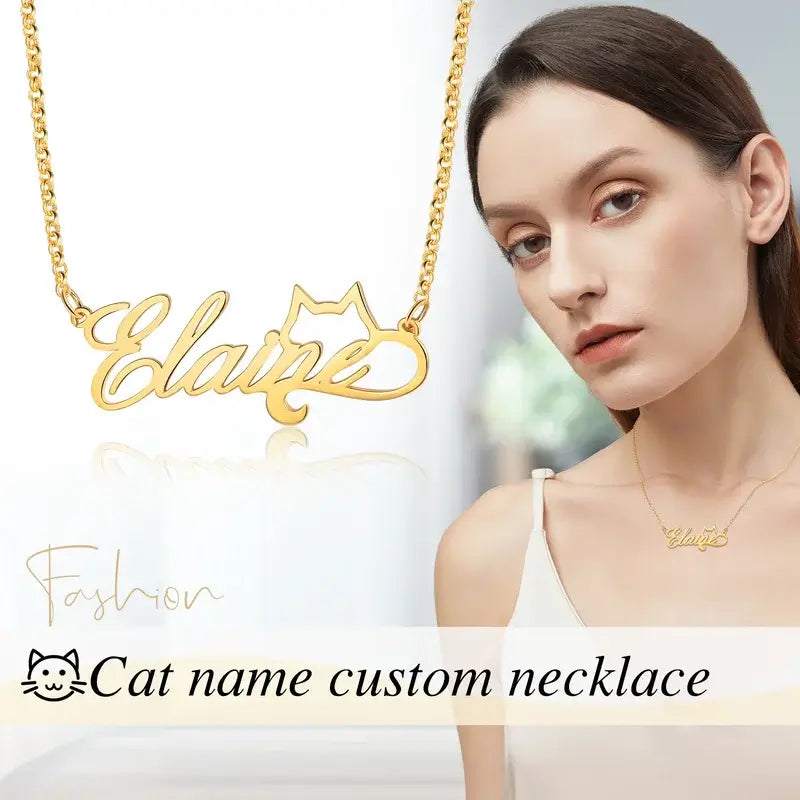 Personalised Name Necklace Cat Pendant, 925 Sterling Silver Name Necklace for Women, Custom Name Jewellery Gold/Silver/Rose Gold