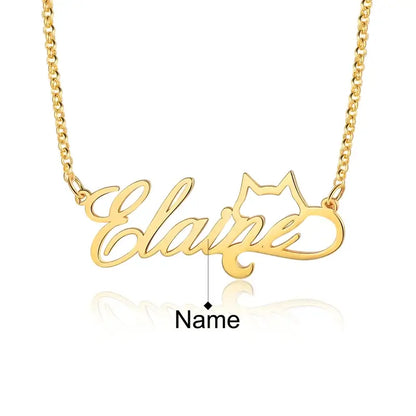 Personalised Name Necklace Cat Pendant, 925 Sterling Silver Name Necklace for Women, Custom Name Jewellery Gold/Silver/Rose Gold