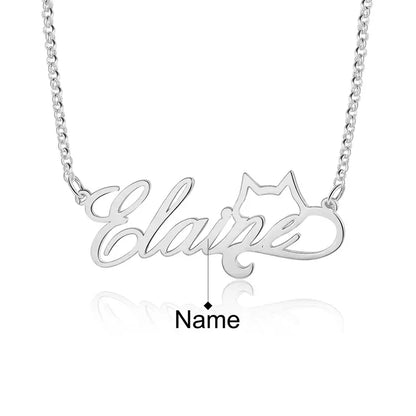 Personalised Name Necklace Cat Pendant, 925 Sterling Silver Name Necklace for Women, Custom Name Jewellery Gold/Silver/Rose Gold