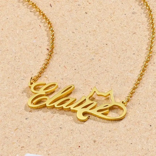 Personalised Name Necklace Cat Pendant, 925 Sterling Silver Name Necklace for Women, Custom Name Jewellery Gold/Silver/Rose Gold