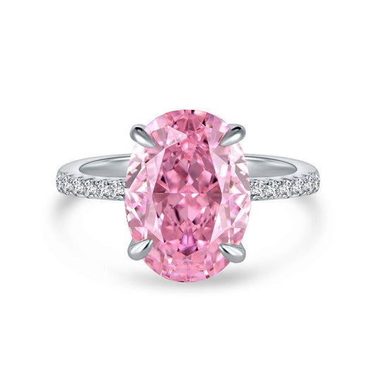 Classic Crushed Ice Oval Cut Half Pavé Solitaire Ring- Pink