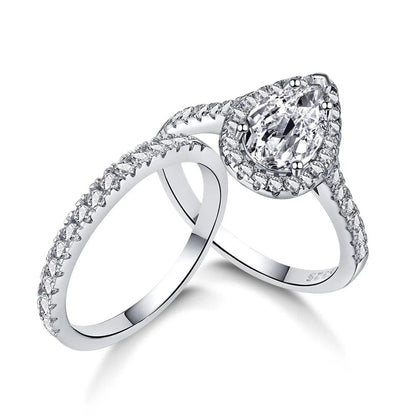 Classic Cubic Zirconia Pear Cut Halo Engagement Ring Set  For Her