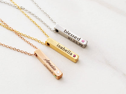 4 Sided Birthstone Bar Necklace | Short Bar