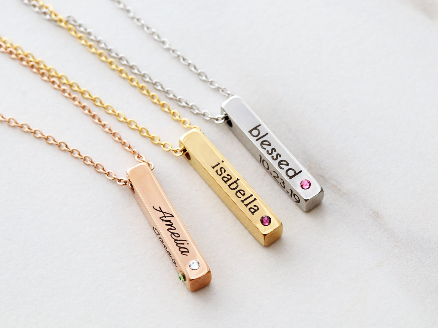 4 Sided Birthstone Bar Necklace | Short Bar