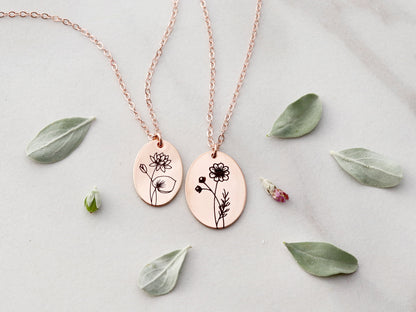 Oval Birth Flower Necklace