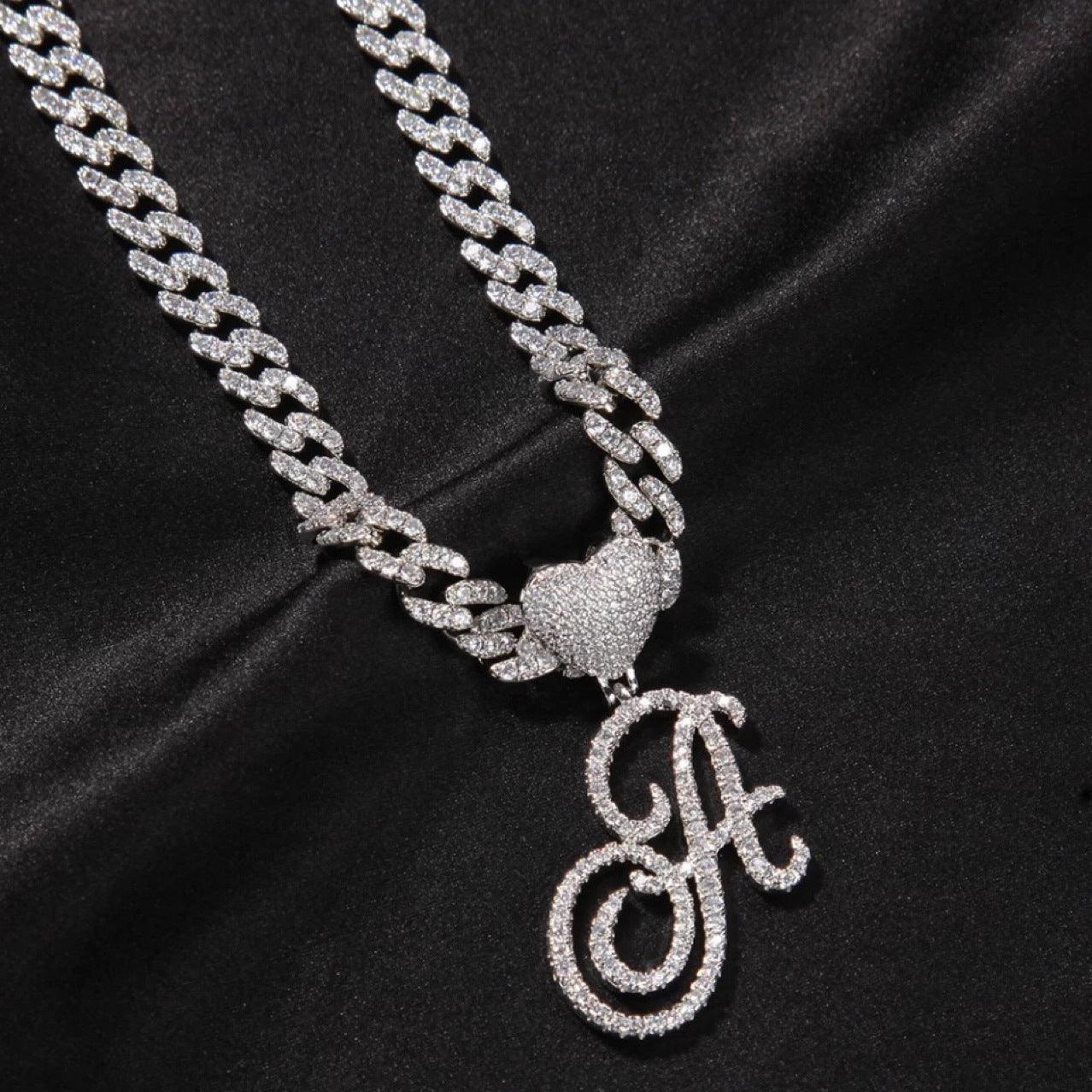 Cursive Heart Initial Cuban Link Necklace | 18Inch