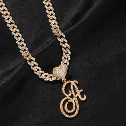 Cursive Heart Initial Cuban Link Necklace | 18Inch