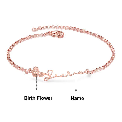 Birth Flower Name Bracelet, Custom Birth Flower Bracelet, Personalised Name Jewellery for Women