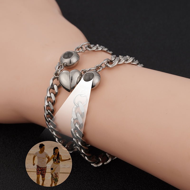 Custom Couple's Silver Magnetic Chain Hidden Photo Bracelet