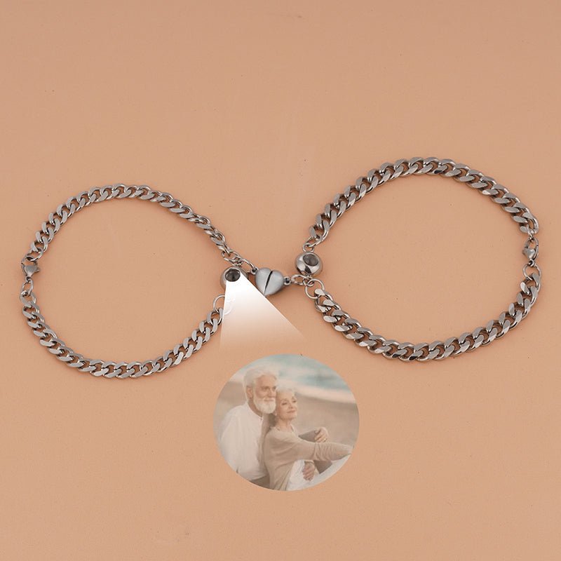 Custom Couple's Silver Magnetic Chain Hidden Photo Bracelet