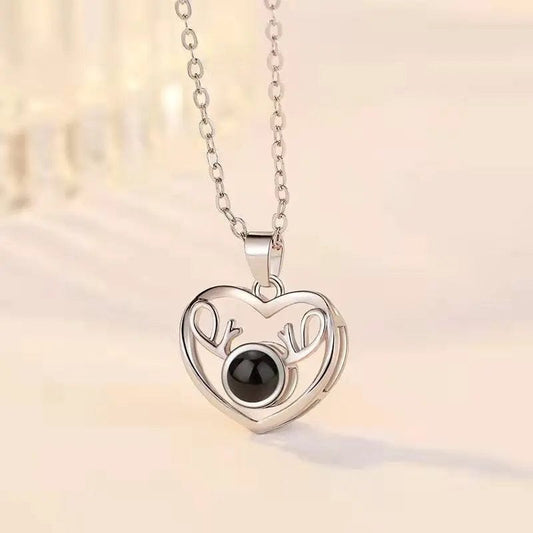 Custom Heart Deer Zircon Gem Hidden Photo Necklace