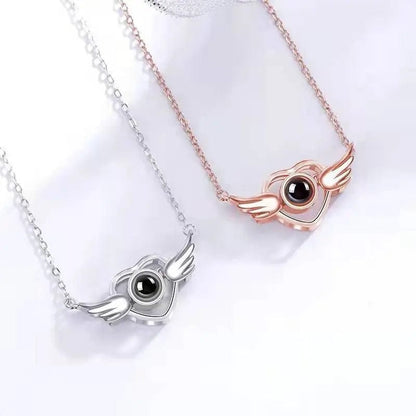 Custom Heart Wing Zircon Gem Hidden Photo Necklace