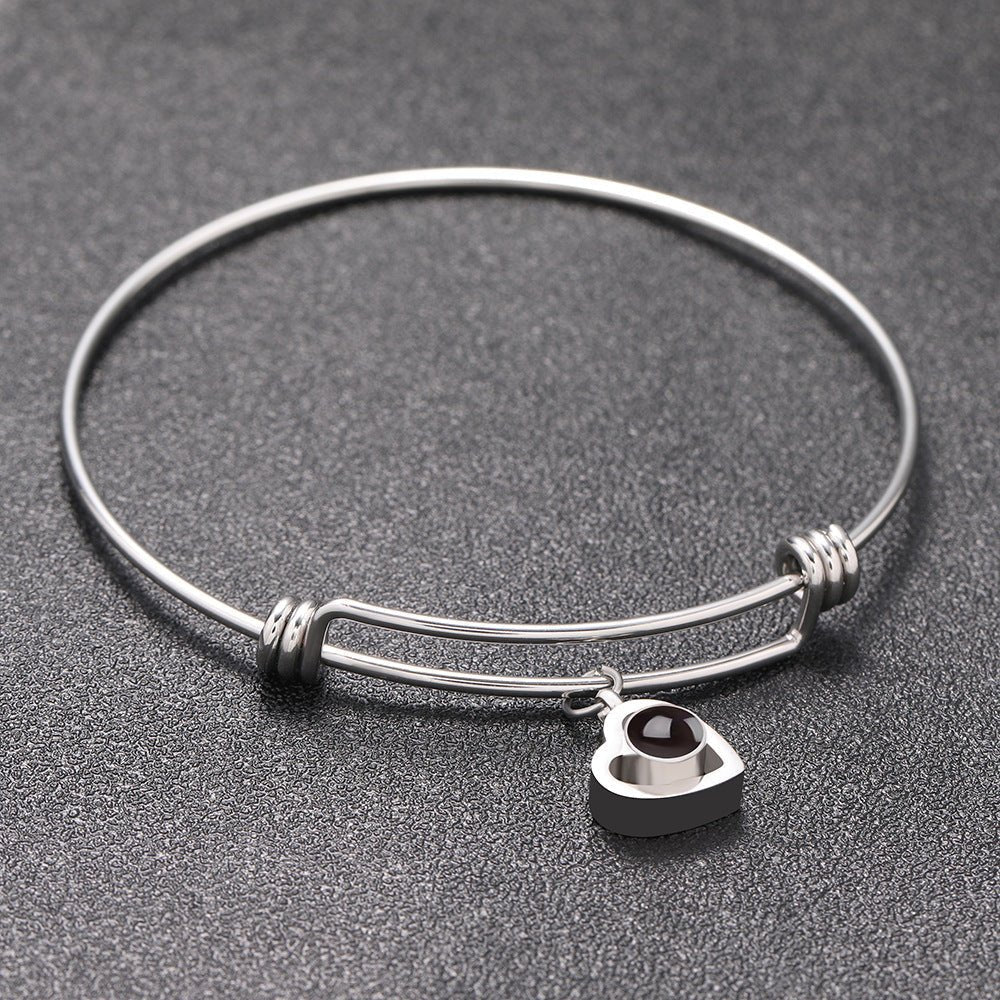 Custom Hidden Photo Projection Adjustable Bangle Heart Zircon Bracelet