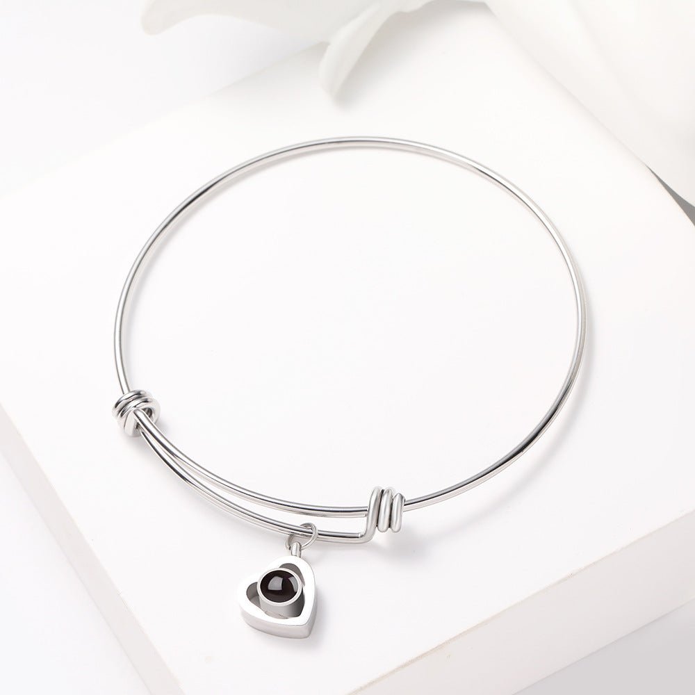 Custom Hidden Photo Projection Adjustable Bangle Heart Zircon Bracelet