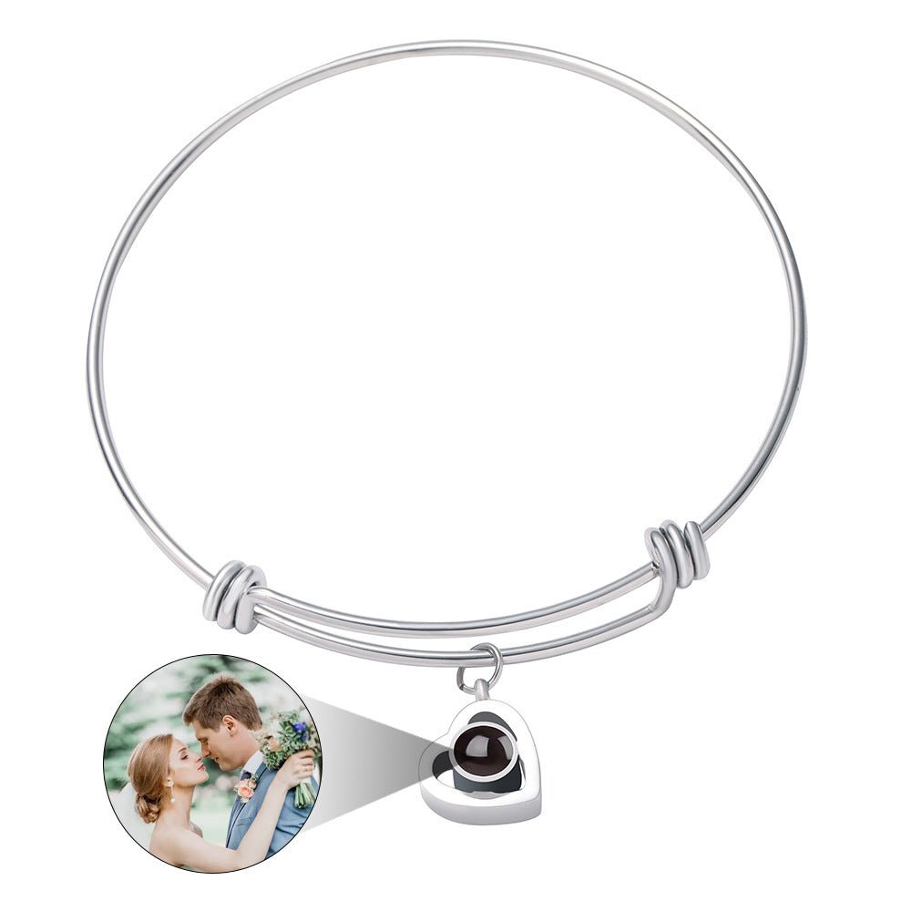 Custom Hidden Photo Projection Adjustable Bangle Heart Zircon Bracelet