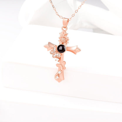 Custom Hidden Photo Projection Butterfly Cross Necklace