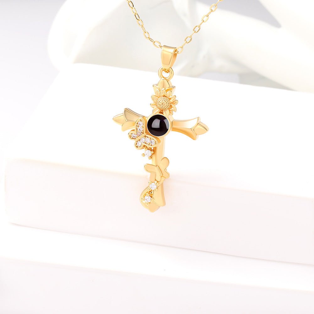 Custom Hidden Photo Projection Butterfly Cross Necklace