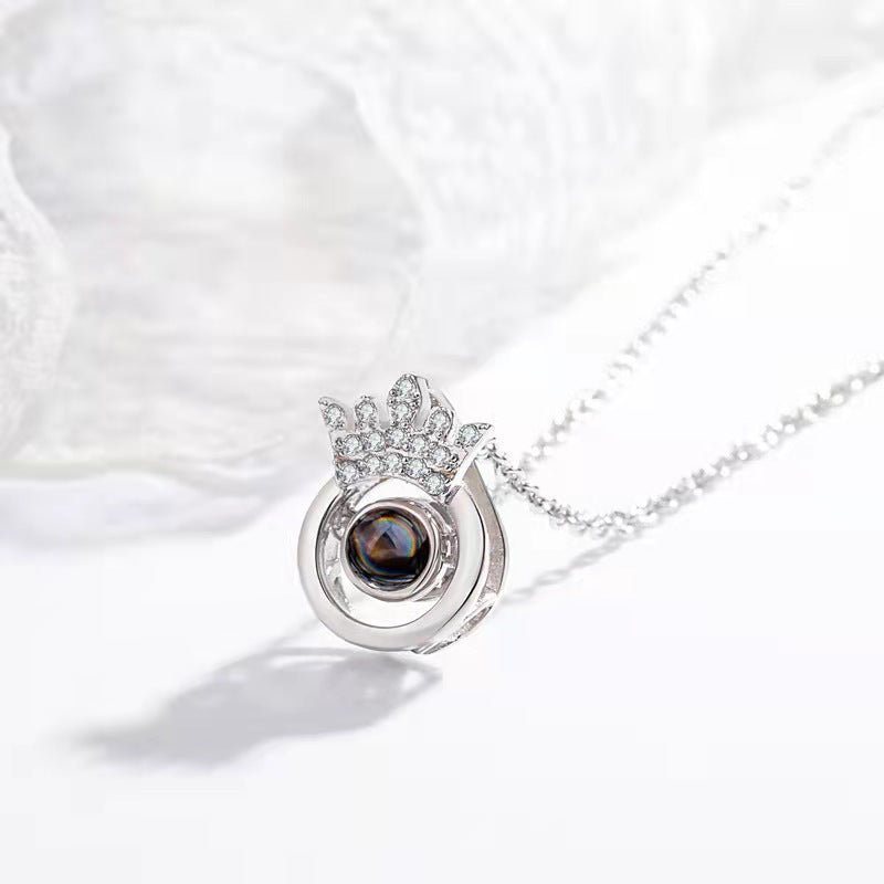 Custom Hidden Photo Projection Round Crown Diamond Necklace