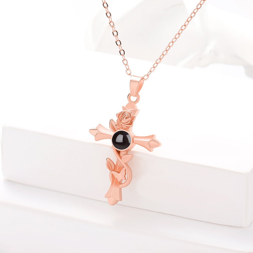 Custom Hidden Photo Projection Vintage Rose Cross Necklace