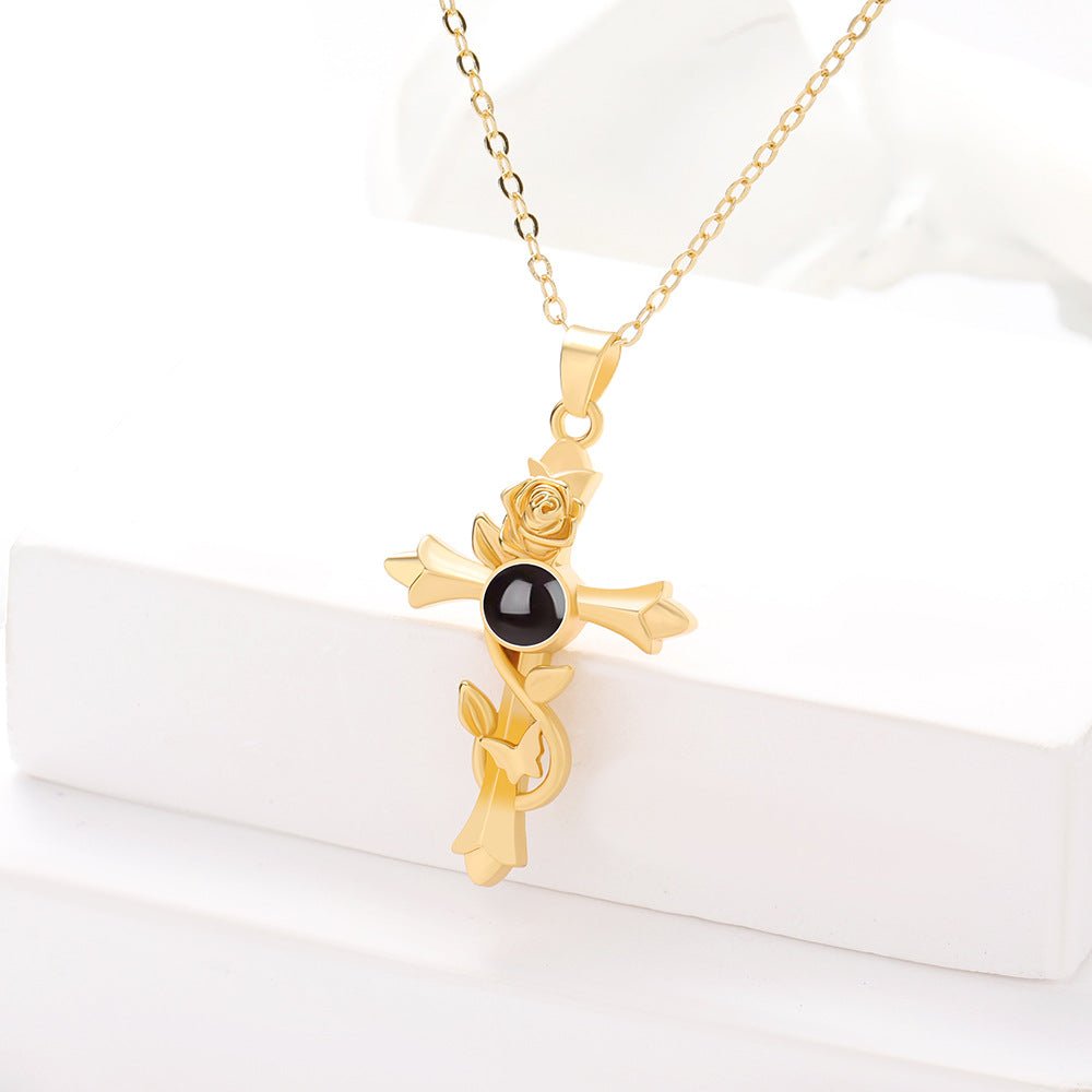 Custom Hidden Photo Projection Vintage Rose Cross Necklace