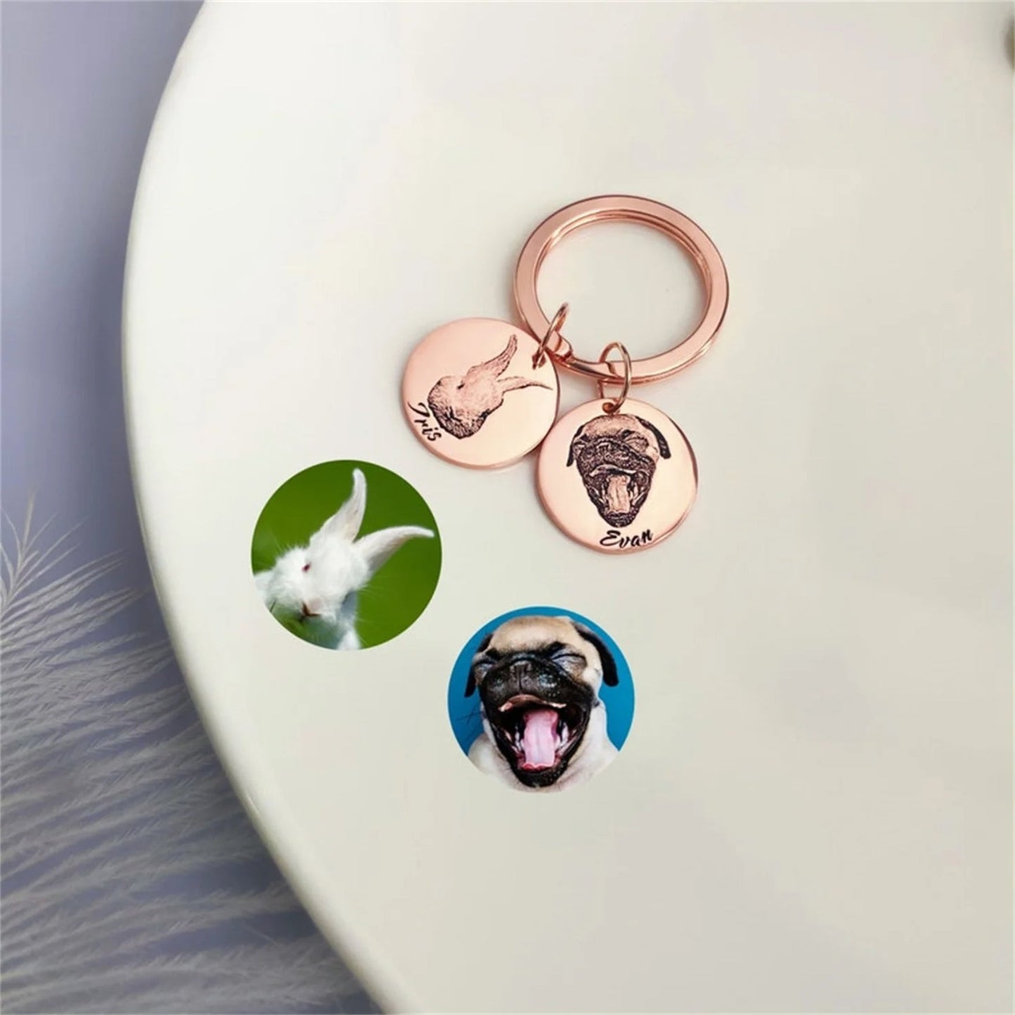 Custom Pet Portrait and Name Disc Keychain