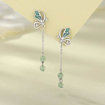 Buddha Stones 925 Sterling Silver Natural Green Aventurine Butterfly Luck Necklace Pendant Earrings Set