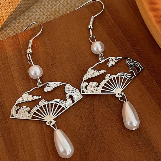 Buddha Stones Copper Fan Auspicious Clouds Pearl Healing Drop Earrings