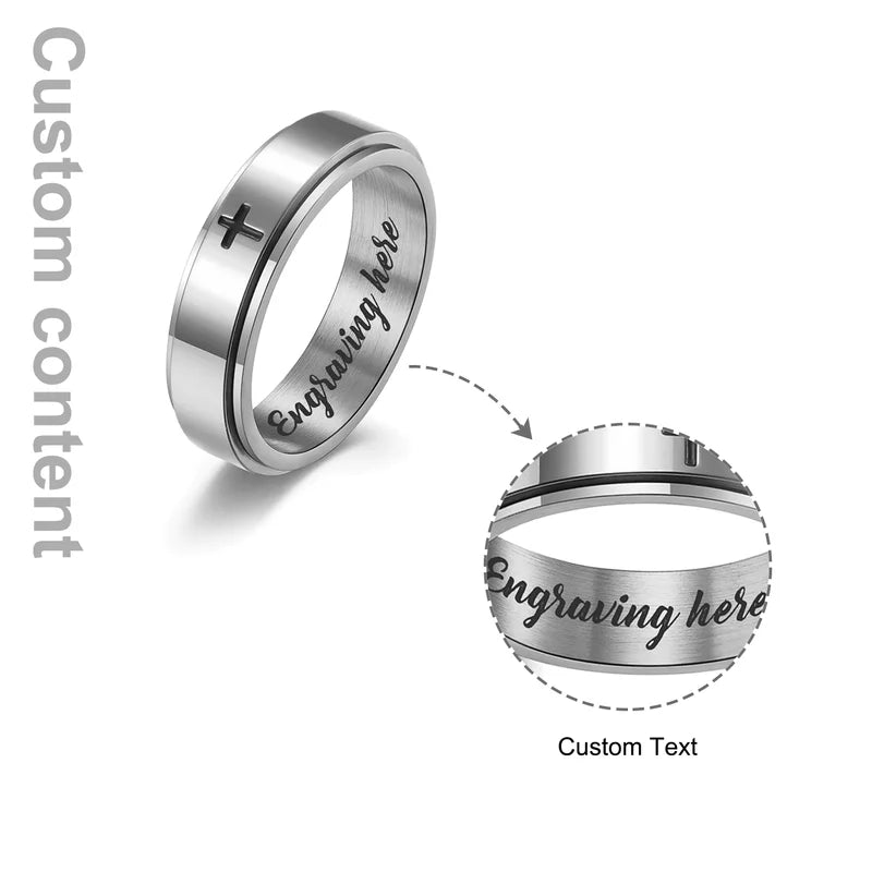 Cross Fidget Ring | Engraved Anxiety Ring | Spinner Ring 3 Colours