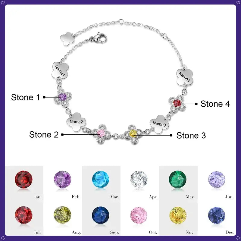 Engraved Four-Leaf Clover Custom Birthstone Bracelet with Name