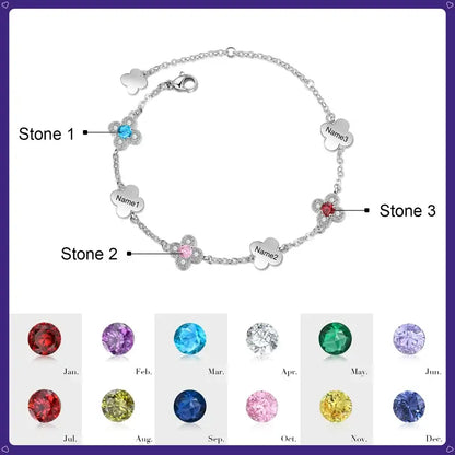 Engraved Four-Leaf Clover Custom Birthstone Bracelet with Name