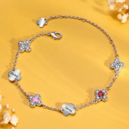 Engraved Four-Leaf Clover Custom Birthstone Bracelet with Name