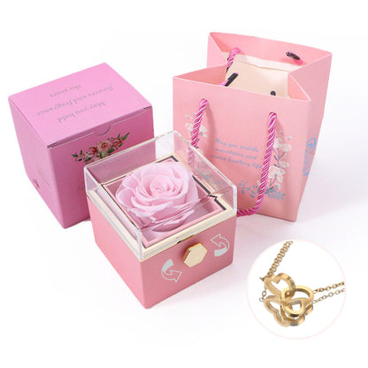 Eternal Rose Box With Double Link Heart Engrave Necklace