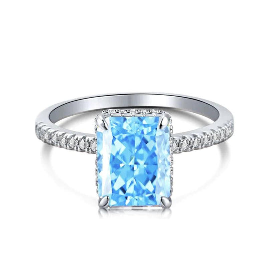 Exclusive Radiant Cut Light Aquamarine Blue Engagement Ring In Sterling Silver