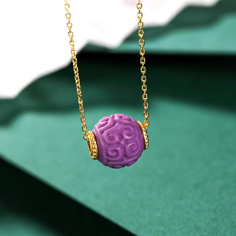 Buddha Stones 925 Sterling Silver Plated Gold Natural Purple Mica Stone Relief Bead Positive Necklace Pendant Bracelet Set