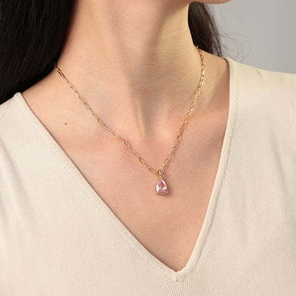 Birthstone Pendant Necklace with Dainty Paperclip Chain