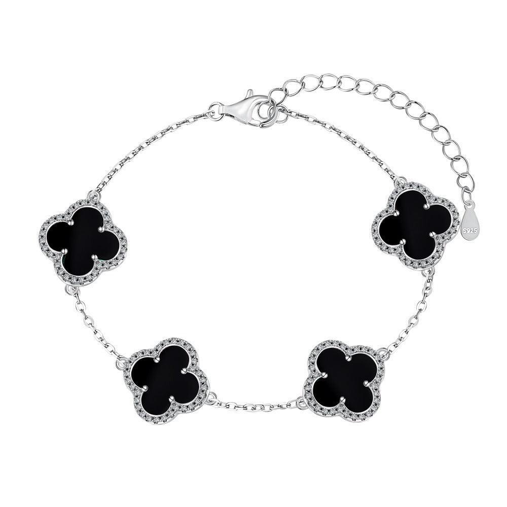 Sterling Silver Diamond Black Onyx Clover Bracelet