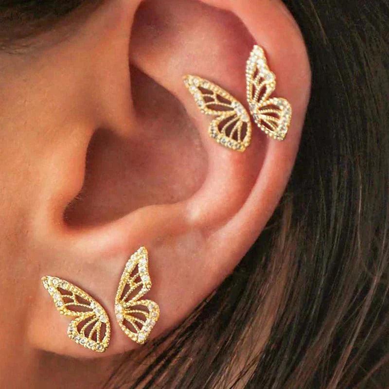 Gold Butterfly Wing Double Piercing Earrings