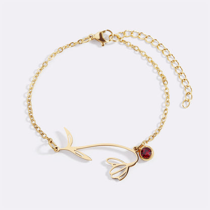 Dainty Birth Flower Bracelet with Birthstone Charm