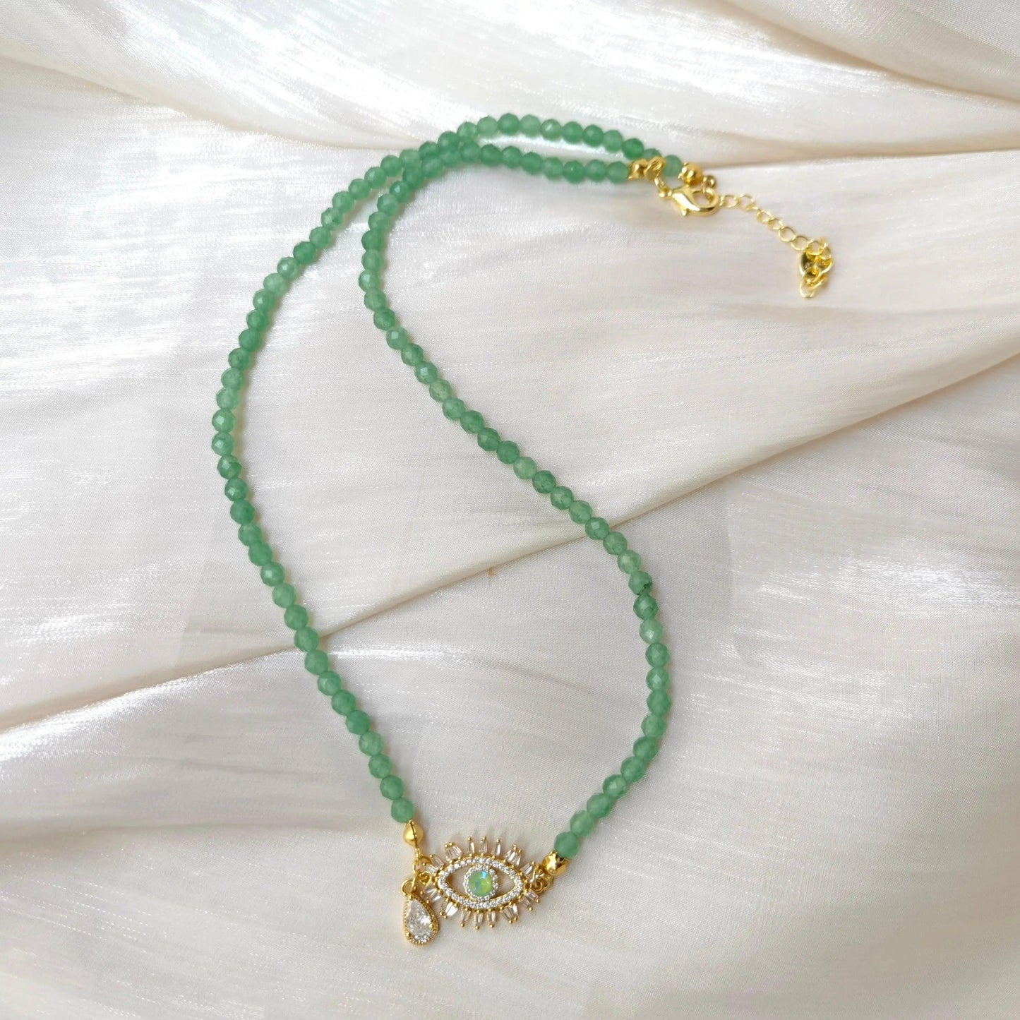 Green Aventurine Bead With Evil Eye Charm Necklace