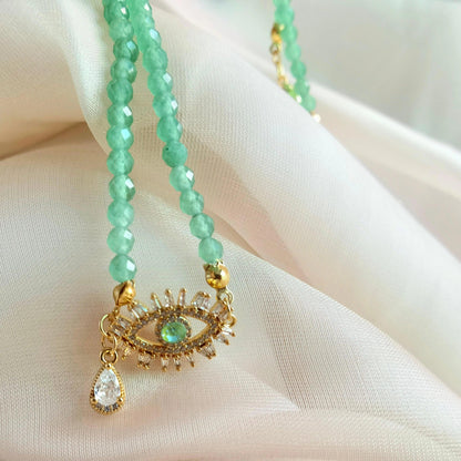 Green Aventurine Bead With Evil Eye Charm Necklace