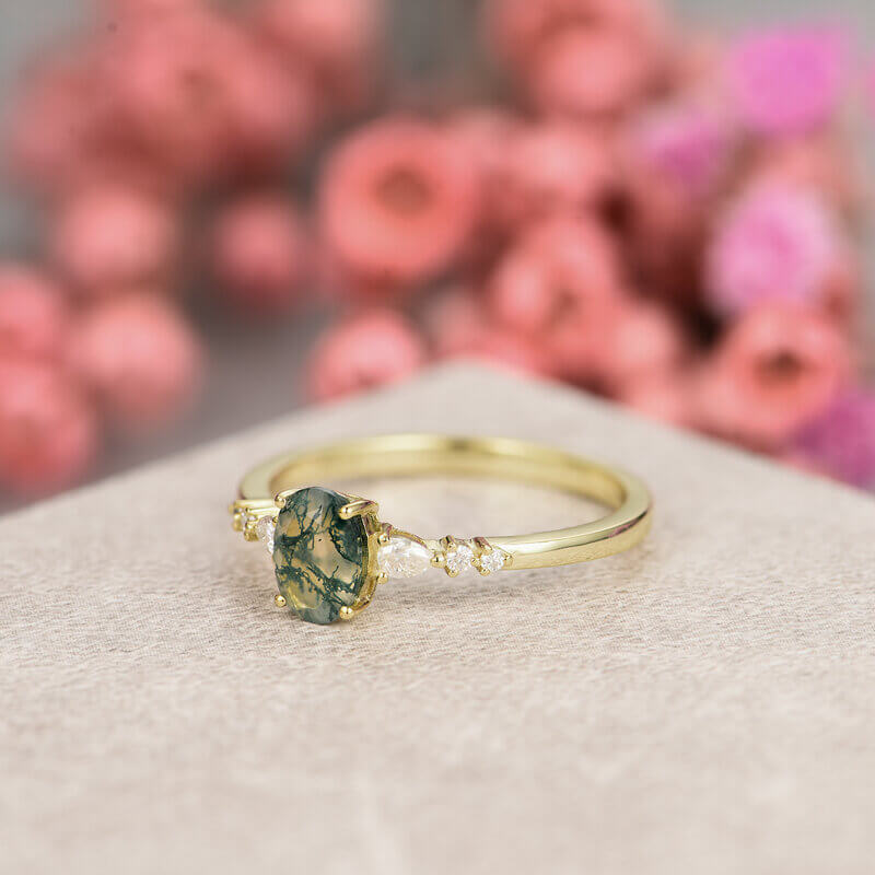 Green Moss Agate Ring Oval Shaped Sterling Silver with Yellow Gold Plated