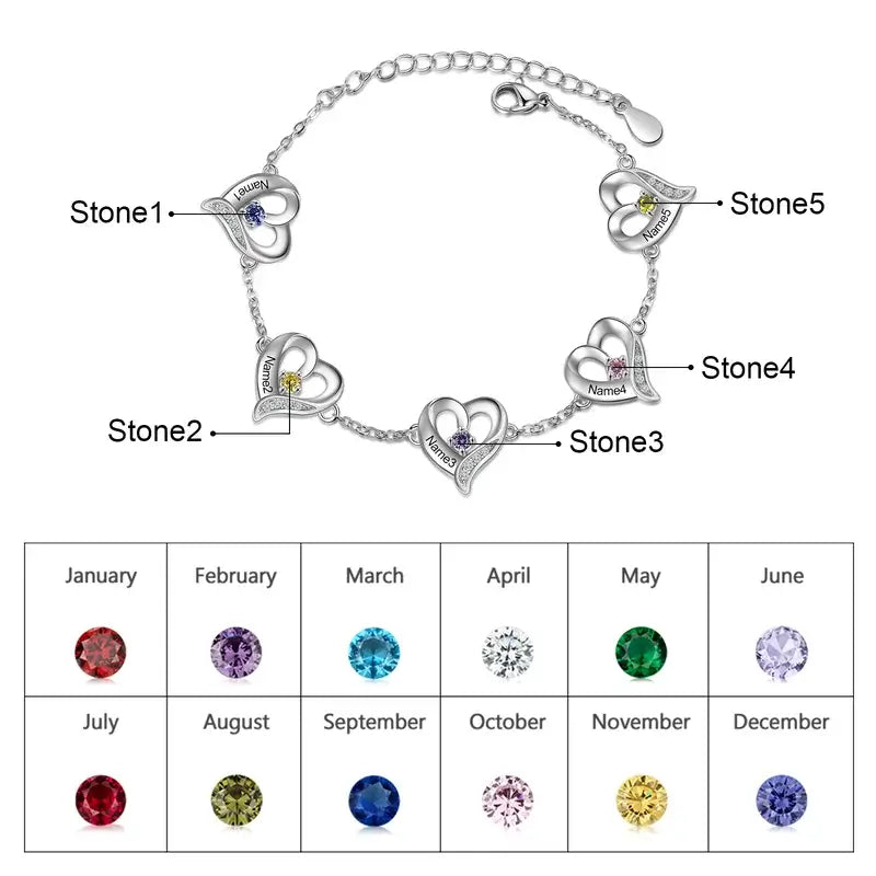 Heart Charm Custom Birthstone Bracelet with Engraved Name