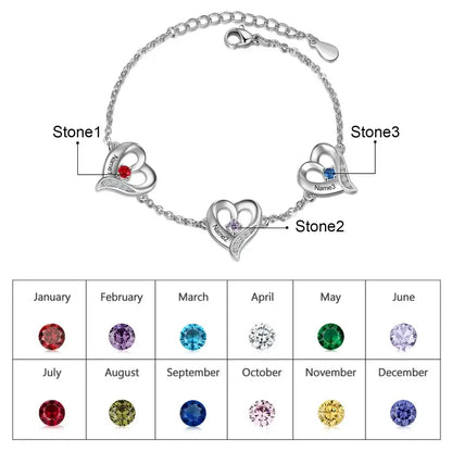 Heart Charm Custom Birthstone Bracelet with Engraved Name