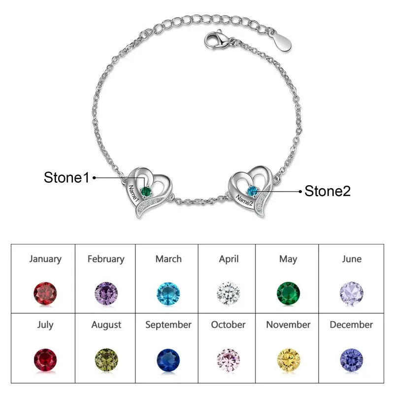 Heart Charm Custom Birthstone Bracelet with Engraved Name