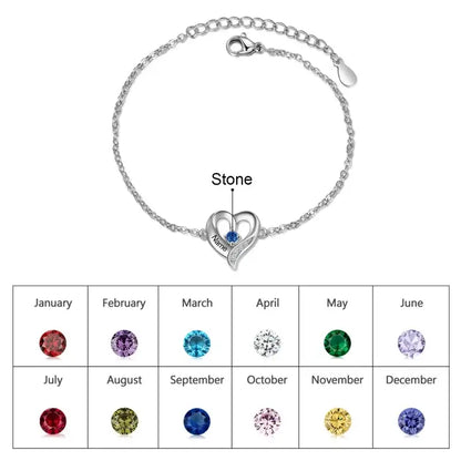 Heart Charm Custom Birthstone Bracelet with Engraved Name