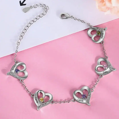 Heart Charm Custom Birthstone Bracelet with Engraved Name