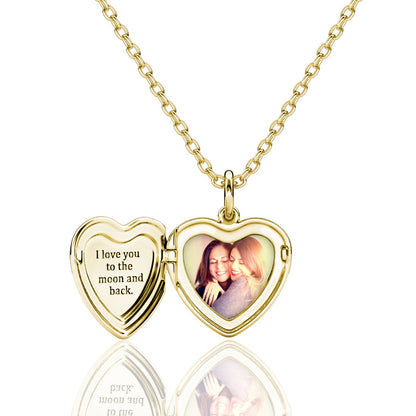 Heart Photo Locket Necklace with Picture Inside - Gold