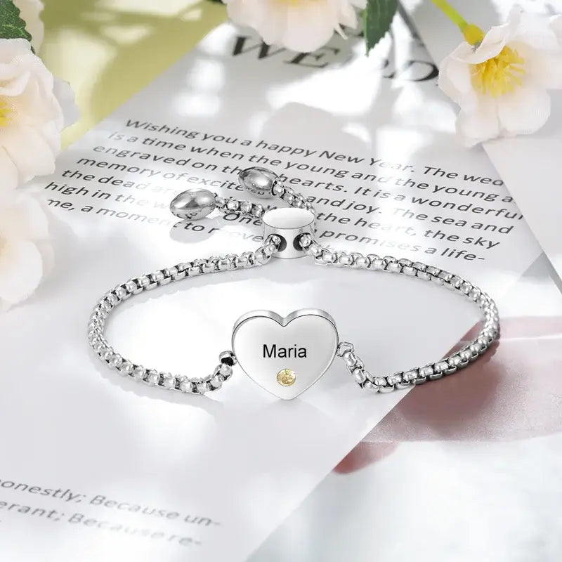 Heart Shaped Engraved Name Personalized Birthstone Bracelet