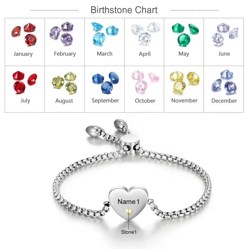 Heart Shaped Engraved Name Personalized Birthstone Bracelet